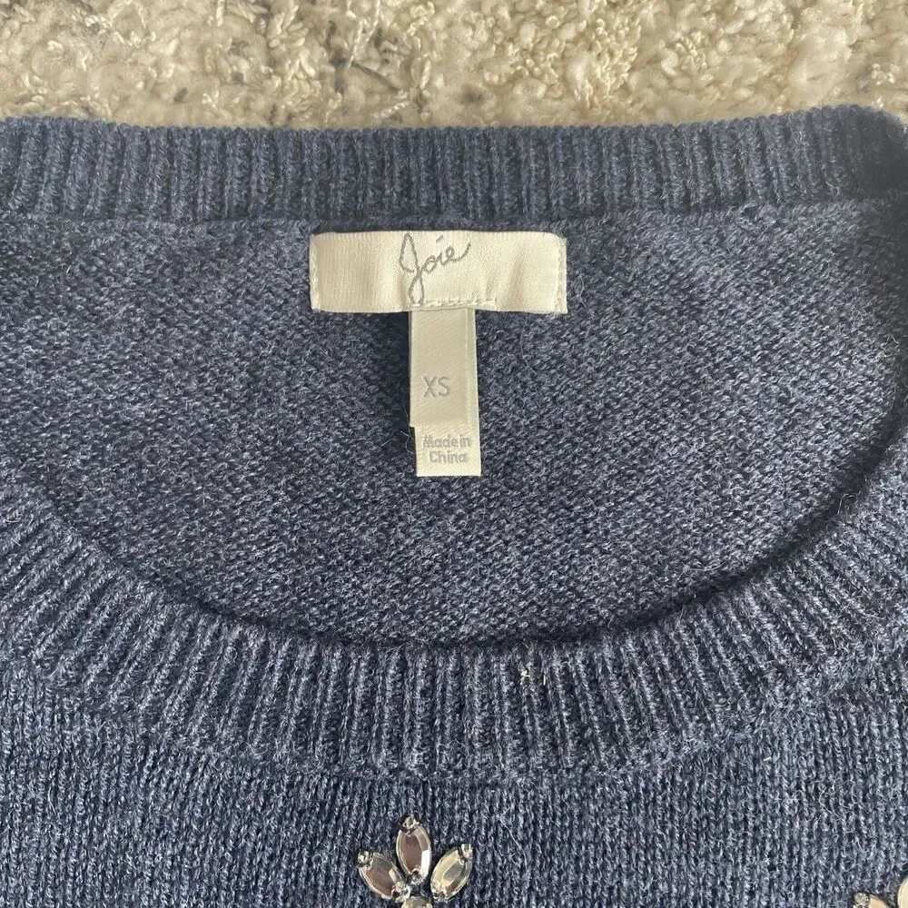Joie Embellished Navy Blue Wool Cashmere Blend Sweater Size XS Holiday Sparkle
